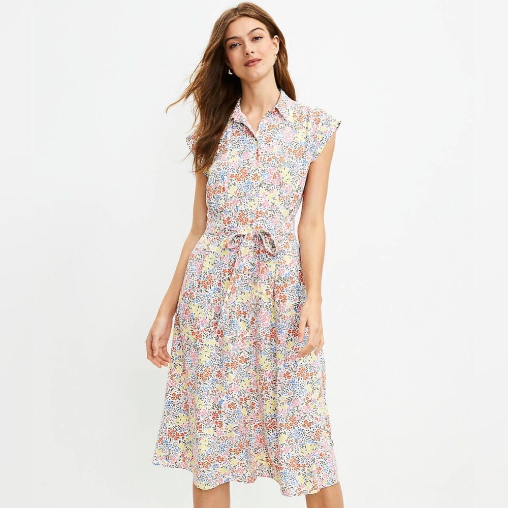 LOFT Floral Midi Shirt Dress in Multicolor